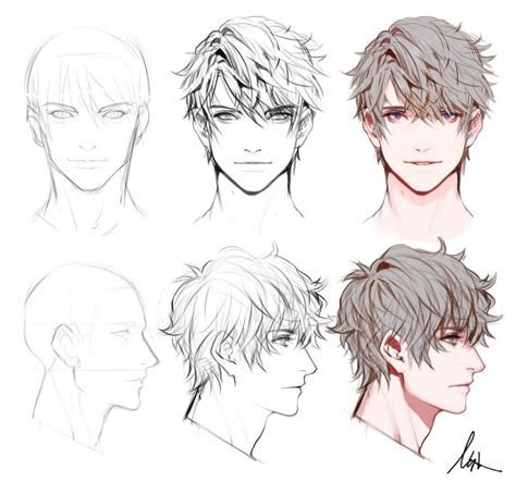 How to draw anime guys - Anime Male Hair Step by Step drawing - Step 3. 3. Sketch the hairline beside the contour line on the side of the face, like in the buzzed hairstyle above. Then, use a series of overlapping curved lines to draw the flattened oval shape of the hair on top of the head. From the point where the hair meets the forehead, extend two long curved lines ...